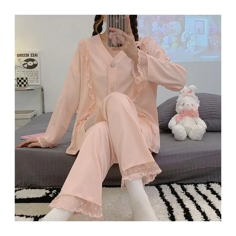 High Quality Korean Pajamas for Women Sweet Lace Cotton Sleepwear Set Long Sleeve Spring Autumn Winter Home Wear Pijamas Suit
High Quality Korean Pajamas for Women Sweet Lace Cotton Sleepwear Set Long Sleeve Spring Autumn Winter Home Wear Pijamas Suit