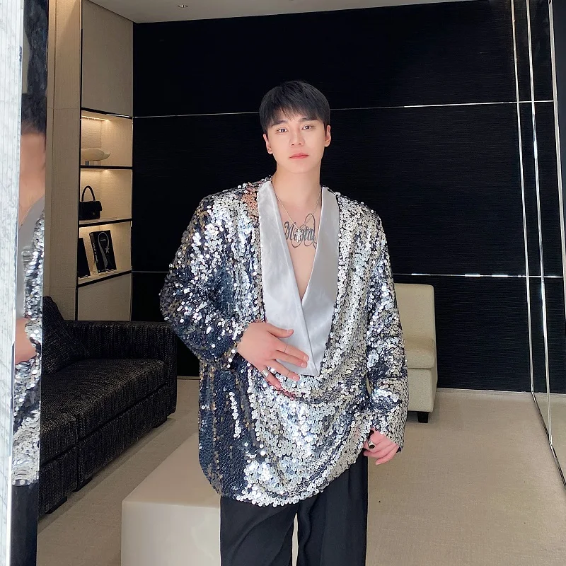 Spring Autumn Satin Patchwork V-ne Button-down Men's Suit Jaet Casual Faion Performance Clothes Stage Youth Trend
Spring Autumn Satin Patchwork V-ne Button-down Men's Suit Jaet Casual Faion Performance Clothes Stage Youth Trend