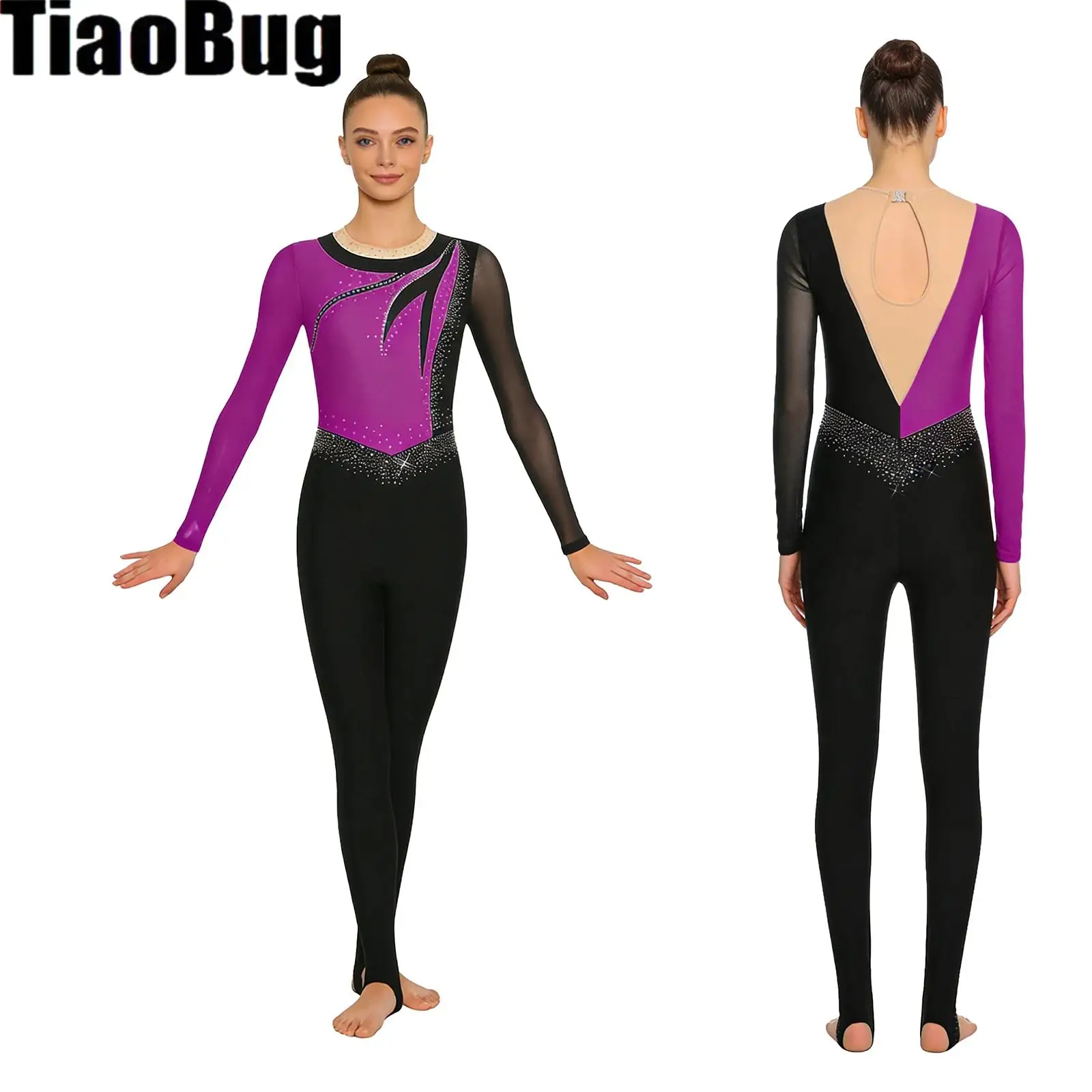 Womens Gymnastics Rompers Rhinestone Contrast Color Mesh Long Sleeve Stirrup Leggings Bodysuit Jumpsuit for Skating Dancing
Womens Gymnastics Rompers Rhinestone Contrast Color Mesh Long Sleeve Stirrup Leggings Bodysuit Jumpsuit for Skating Dancing
