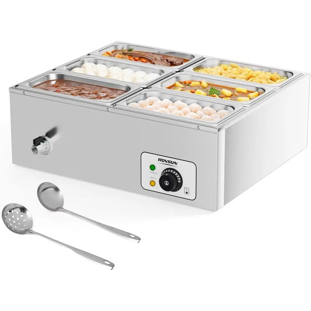 6-Pan Electric Food Warmer, 110V Stainless Steel Bain Marie Buffet, 6.9 QT Pan with Temp Control for Parties & Catering
6-Pan Electric Food Warmer, 110V Stainless Steel Bain Marie Buffet, 6.9 QT Pan with Temp Control for Parties & Catering