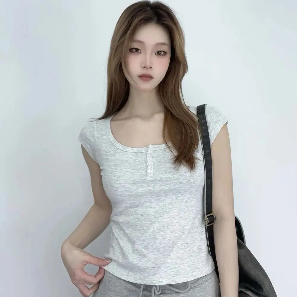 Button Front Short Sleeve Slim Crop T-shirt For Women Summer U-Neck Chic Sweet Tops Soft Cotton Tee Fashion Y2k
Button Front Short Sleeve Slim Crop T-shirt For Women Summer U-Neck Chic Sweet Tops Soft Cotton Tee Fashion Y2k