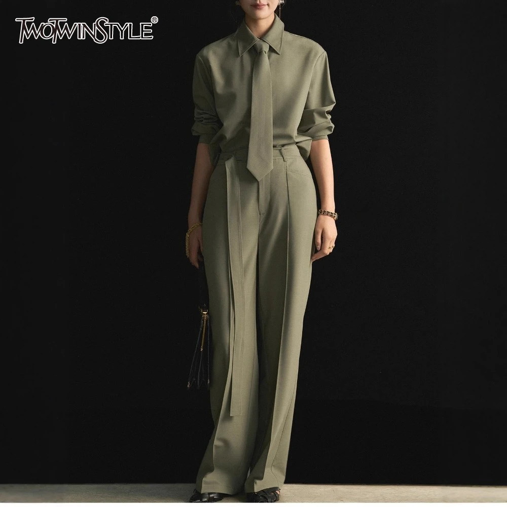 TWOTWINSTYLE Зеленый комплект из двух предметов с завязками, женская рубашка с длинными рукавами и лацканами, базовый женский комплект с длинными брюками, летняя мода, стиль 
TWOTWINSTYLE Зеленый комплект из двух предметов с завязками, женская рубашка с длинными рукавами и лацканами, базовый женский комплект с длинными брюками, летняя мода, стиль