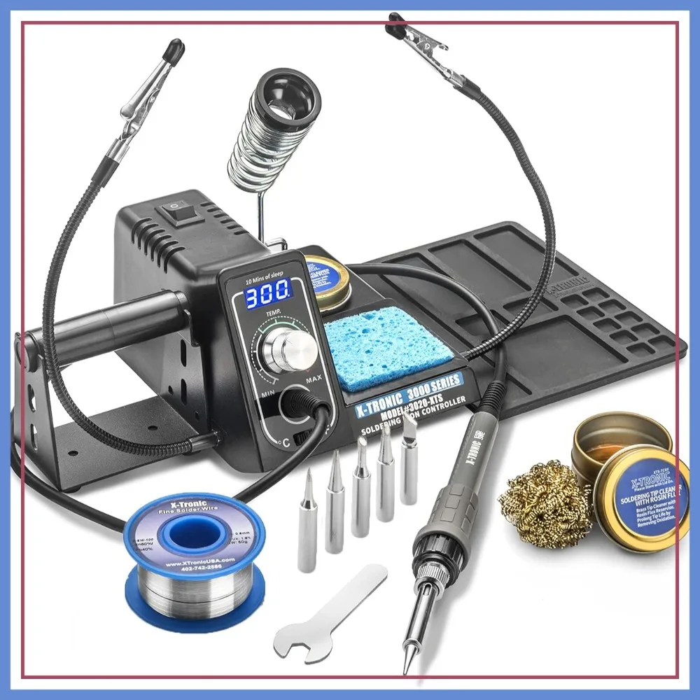 75W Soldering Iron Station Kit with 2 Helping Hands, Silicone Mat, 5 Tips, Solder, Brass Sponge, Flux, Auto Sleep
75W Soldering Iron Station Kit with 2 Helping Hands, Silicone Mat, 5 Tips, Solder, Brass Sponge, Flux, Auto Sleep