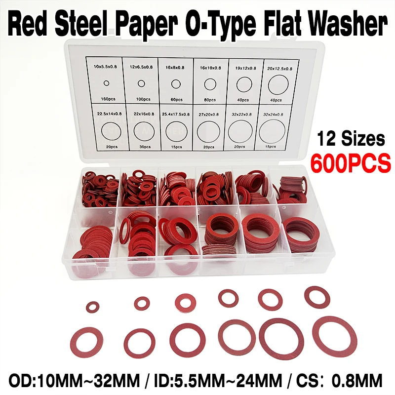 CS 0.8mm Red Steel Paper O-Type flat washer Repair Kit 600Pcs ID 5.5~24mm-OD 10mm~32mm Seal Gaskets for Industrial Repair Tools
CS 0.8mm Red Steel Paper O-Type flat washer Repair Kit 600Pcs ID 5.5~24mm-OD 10mm~32mm Seal Gaskets for Industrial Repair Tools