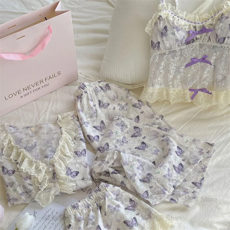 Сексуальная летняя кружевная ночная рубашка для девочек, пижамный костюм с короткими рукавами, длинные брюки, нижнее белье с бабочкой и цветочным принтом, костюм с милым бантом, домашняя одежда 
Сексуальная летняя кружевная ночная рубашка для девочек, пижамный костюм с короткими рукавами, длинные брюки, нижнее белье с бабочкой и цветочным принтом, костюм с милым бантом, домашняя одежда