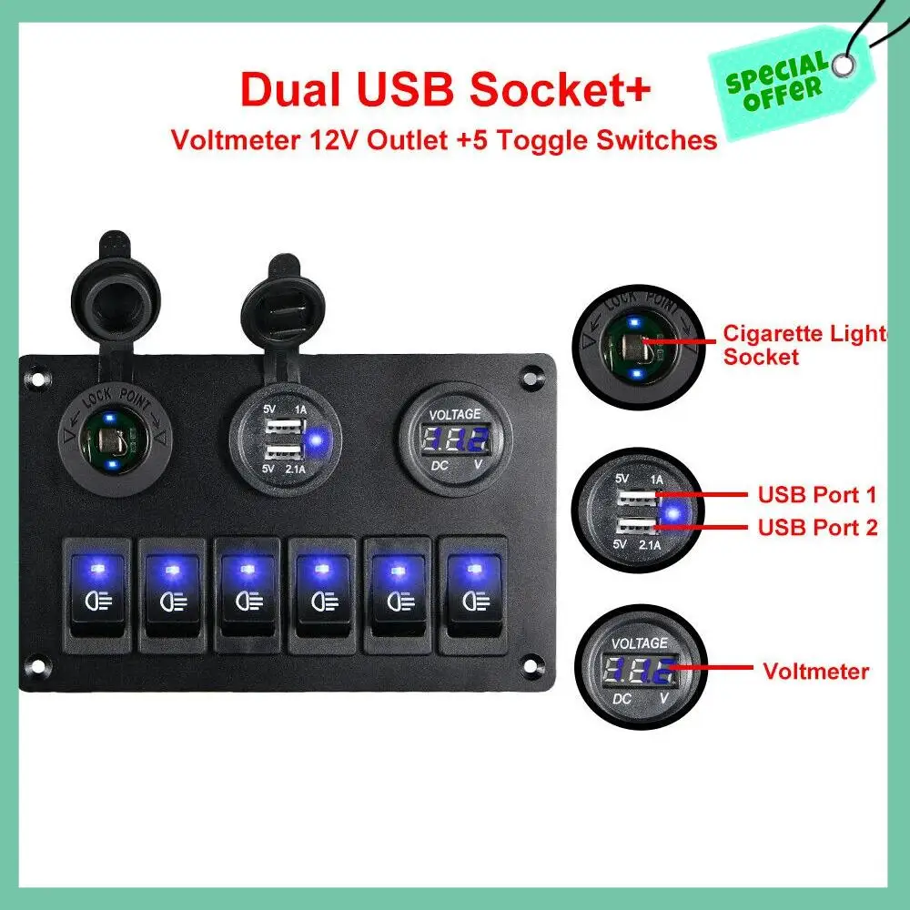 A03G-6 Gang Switch Panel With 12V-24V LED Digital Voltmeter Dual USB Charger Lighter Socket For RV Truck Boat SUV
A03G-6 Gang Switch Panel With 12V-24V LED Digital Voltmeter Dual USB Charger Lighter Socket For RV Truck Boat SUV