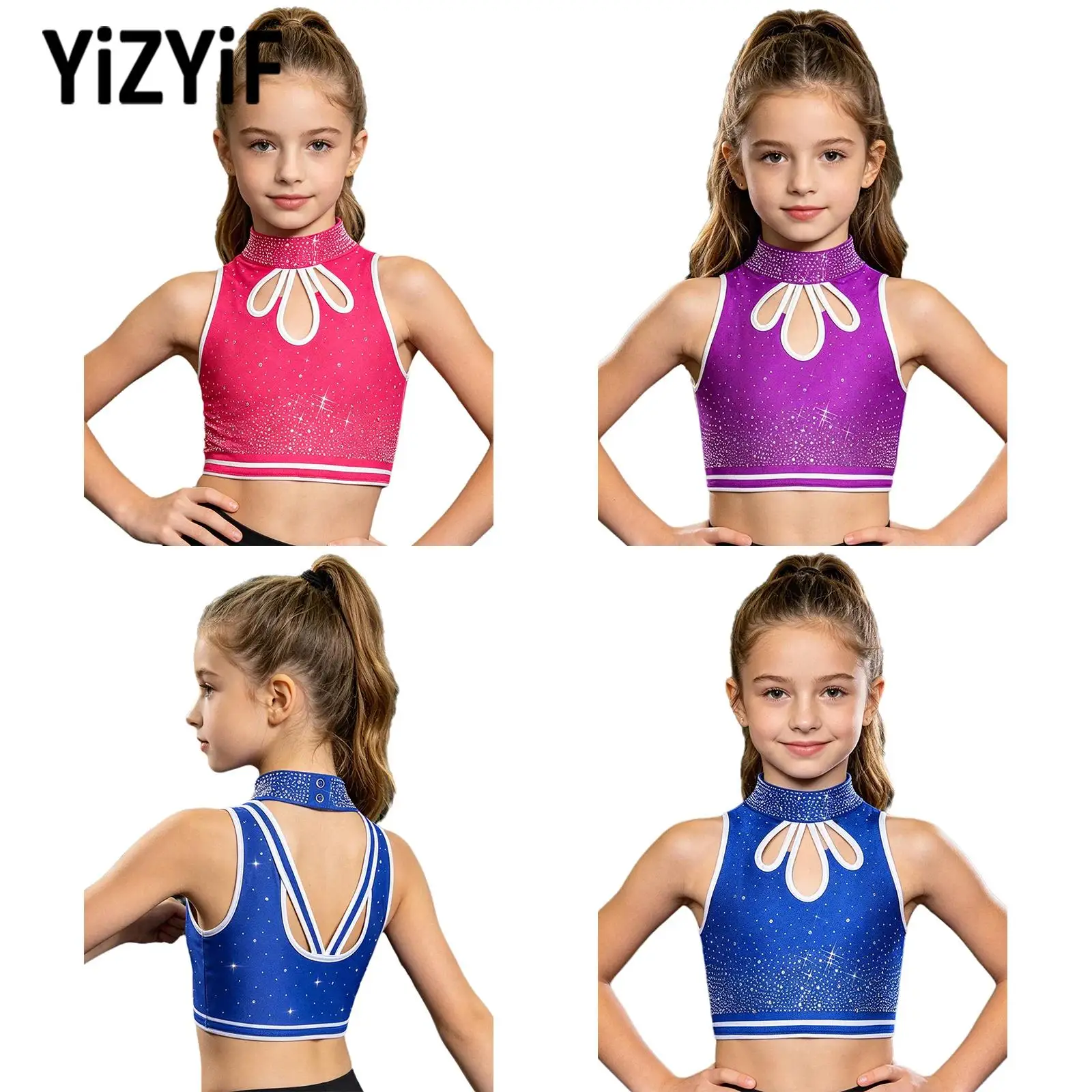 Girls Sparkly Rhinestone Mock Neck Sleeveless Hollow Out Crop Top Stretchy Breathable for Gymnastics Figure Skating Dance Stage
Girls Sparkly Rhinestone Mock Neck Sleeveless Hollow Out Crop Top Stretchy Breathable for Gymnastics Figure Skating Dance Stage