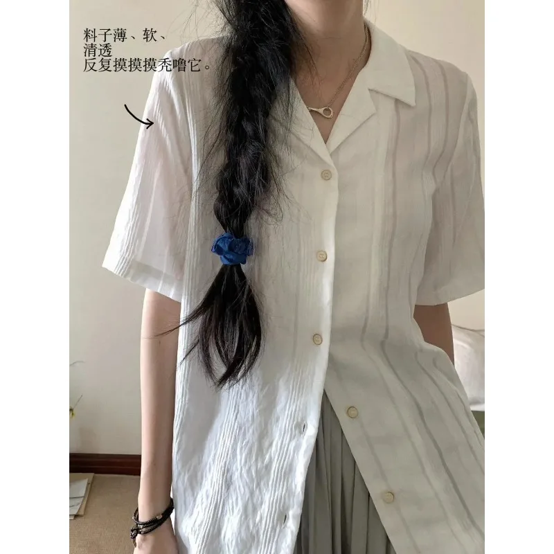Women's Cuban Collar White Striped Shirt Casual Loose Short Sleeve Breathable Summer Blouse
Women's Cuban Collar White Striped Shirt Casual Loose Short Sleeve Breathable Summer Blouse