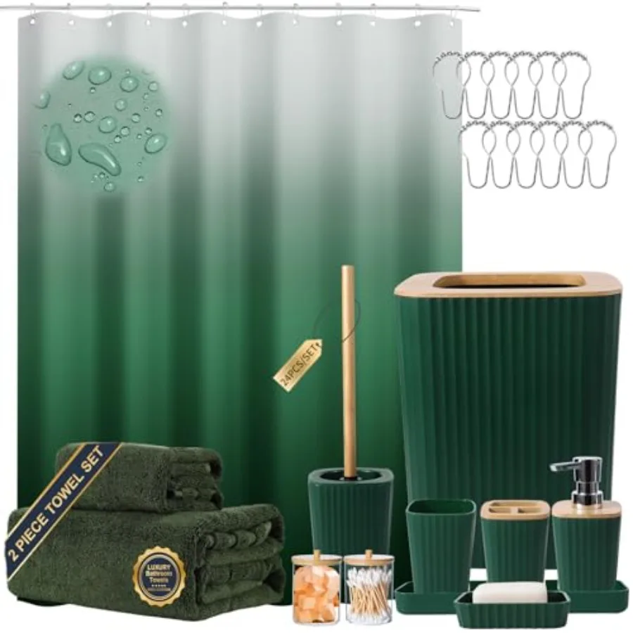 Accessories, 24PCS Accessory with Shower Curtain, Bath Towels, Trash Can, Soap Dispenser, Green Bathroom Accessories for Home
Accessories, 24PCS Accessory with Shower Curtain, Bath Towels, Trash Can, Soap Dispenser, Green Bathroom Accessories for Home