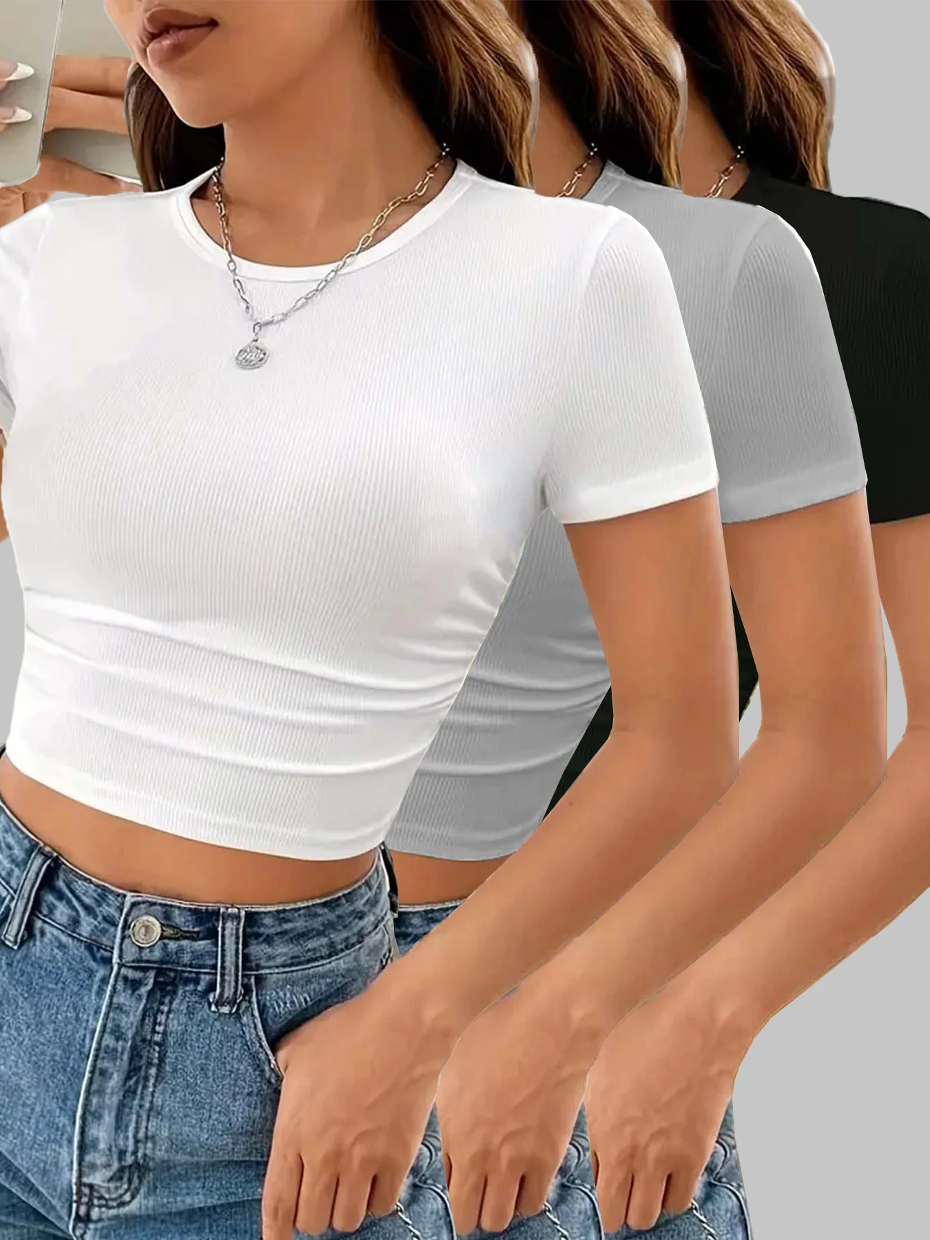 New stylish slim solid color round neck short-sleeved T-shirt three-piece set
New stylish slim solid color round neck short-sleeved T-shirt three-piece set