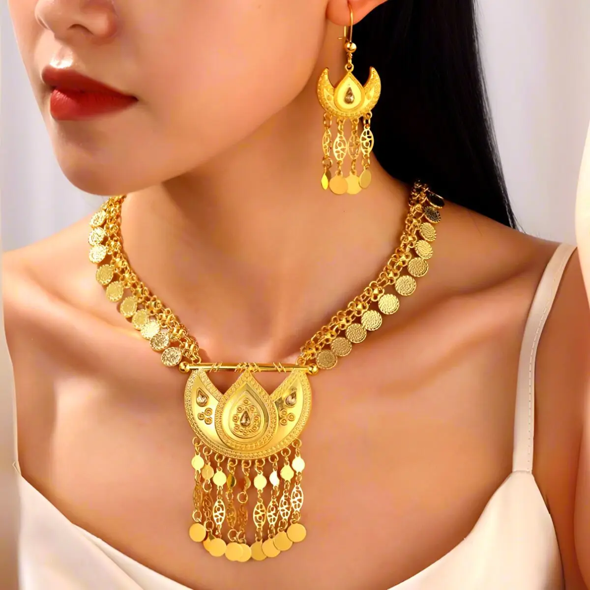 Arab Ethnic Golden Coins Crystal Moon Shape Necklace Earrings For Women Trendy Afghan Kurdish Bride Wedding Jewelry Set
Arab Ethnic Golden Coins Crystal Moon Shape Necklace Earrings For Women Trendy Afghan Kurdish Bride Wedding Jewelry Set