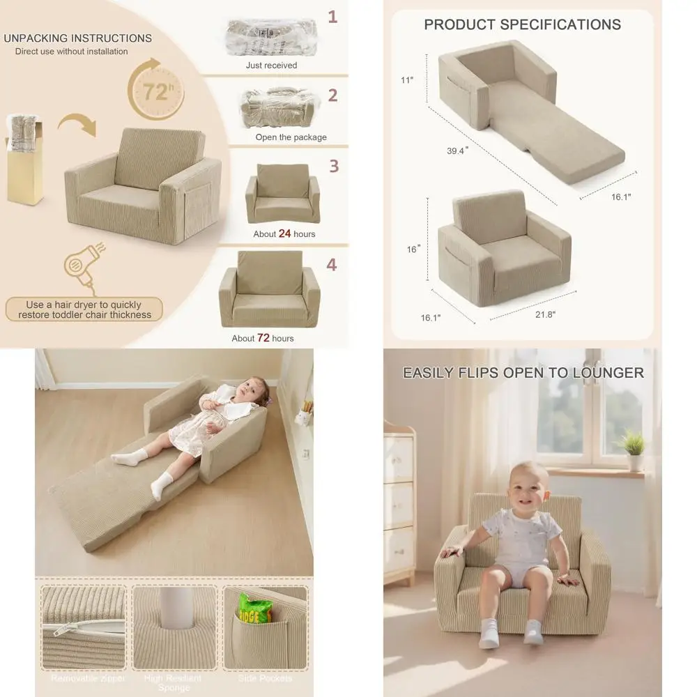 Convertible Toddler Couch for 1-3 Years, 2-in-1 Sofa to Lounger, Beige
Convertible Toddler Couch for 1-3 Years, 2-in-1 Sofa to Lounger, Beige