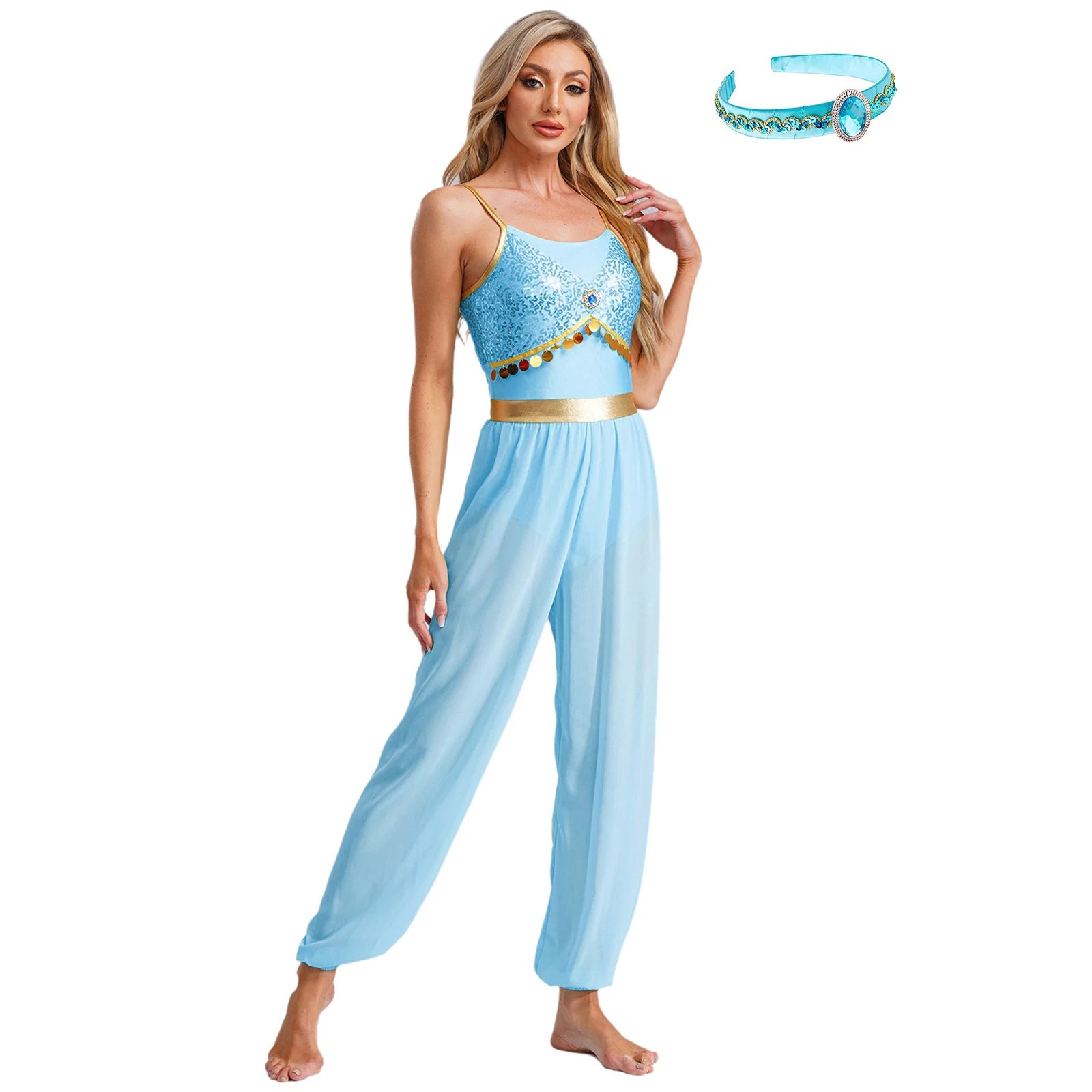 Women Halloween Fairy Tale Arabian Belly Dance Performance Costume Cami Jumpsuit Bloomers Bodysuit with Headband Tiara Sets
Women Halloween Fairy Tale Arabian Belly Dance Performance Costume Cami Jumpsuit Bloomers Bodysuit with Headband Tiara Sets