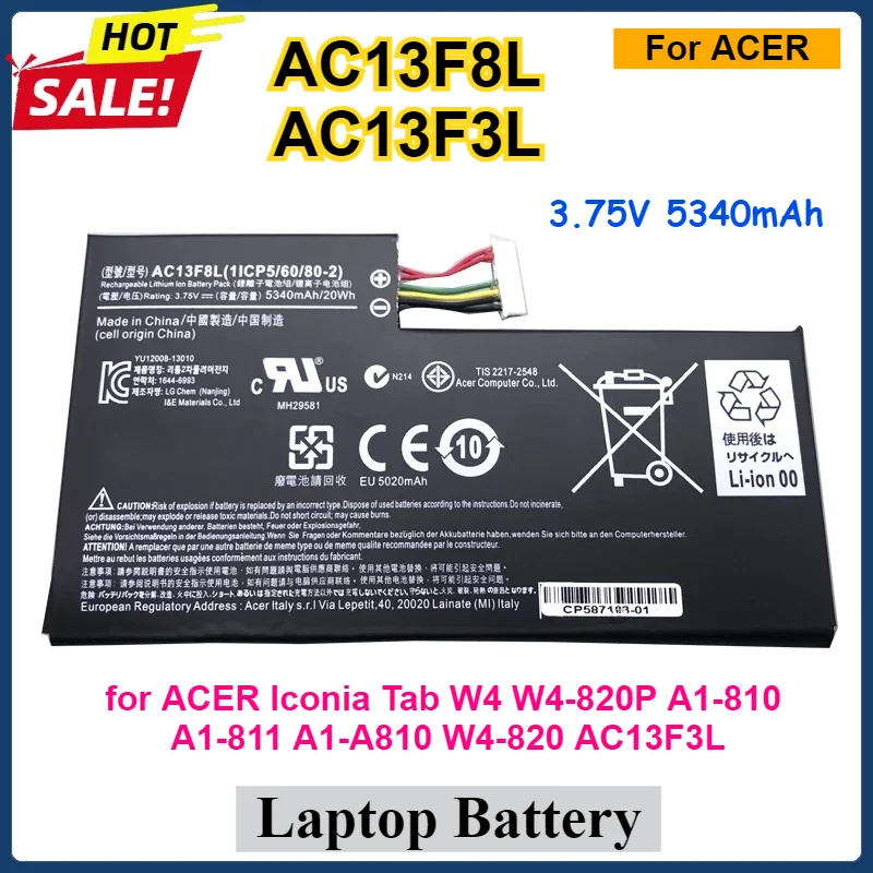 3.75V 5340mAh AC13F8L Laptop Battery for ACER Iconia Tab W4 W4-820P A1-810 A1-811 A1-A810 W4-820 AC13F3L Chromebook Bateria
3.75V 5340mAh AC13F8L Laptop Battery for ACER Iconia Tab W4 W4-820P A1-810 A1-811 A1-A810 W4-820 AC13F3L Chromebook Bateria