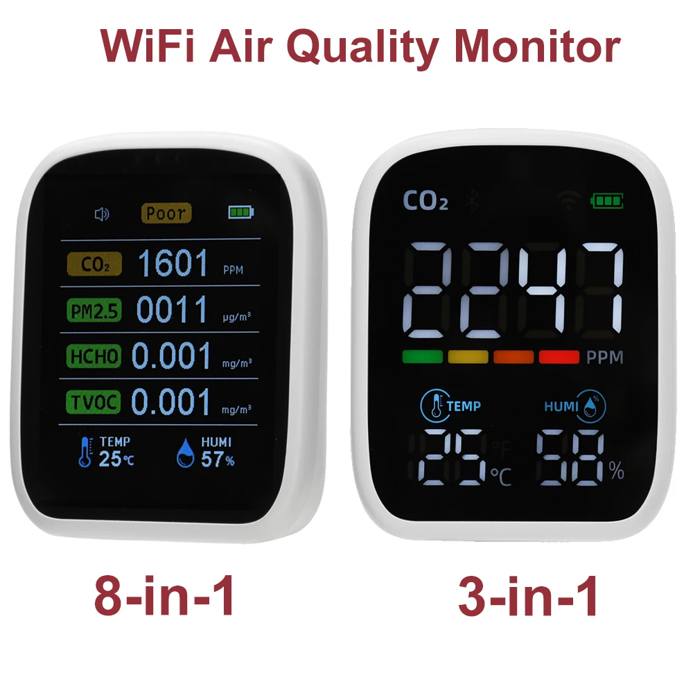 8 в 1 WIFI тестер качества воздуха CO2 PM1.0 PM2.5 PM10 HCHO TVOC обнаружение температуры и влажности управление через приложение инфракрасный датчик
8 в 1 WIFI тестер качества воздуха CO2 PM1.0 PM2.5 PM10 HCHO TVOC обнаружение температуры и влажности управление через приложение инфракрасный датчик