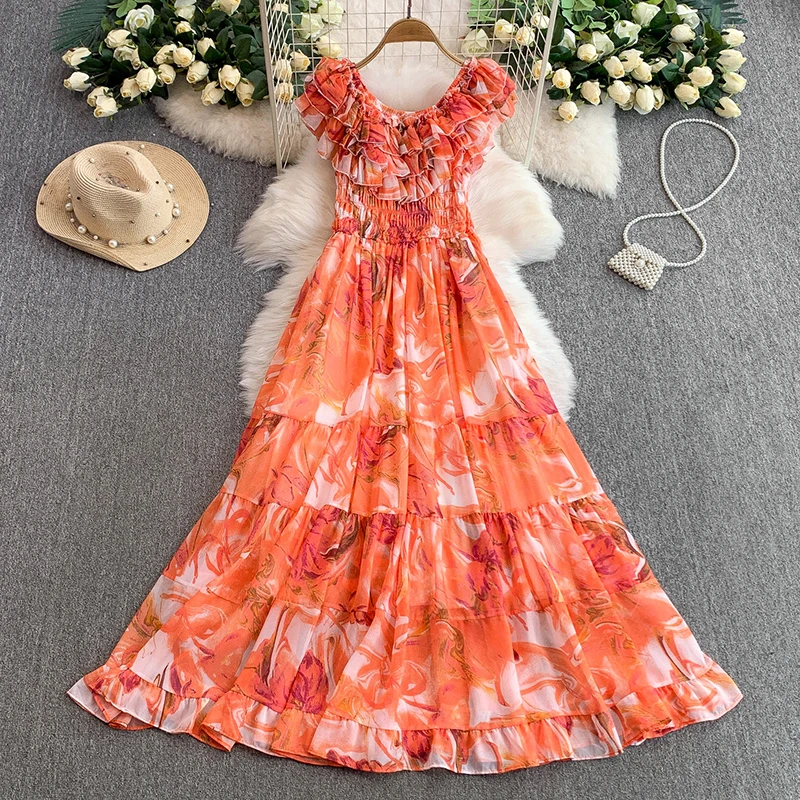 Women's summer slimming waist cinching printed cake long skirt French style elegant ruffle edge one shoulder holidays dress
Women's summer slimming waist cinching printed cake long skirt French style elegant ruffle edge one shoulder holidays dress