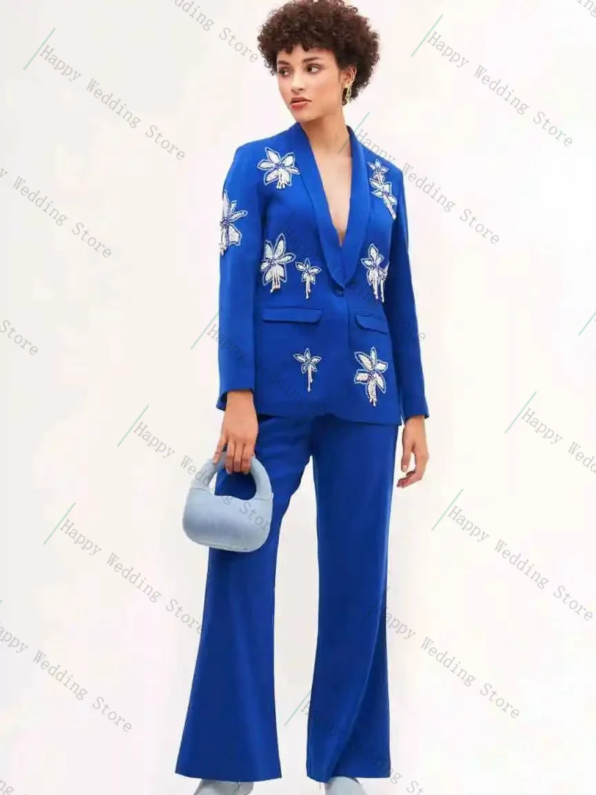 Luxury Blue Women Suit Pants Set 2 Piece Blazer+Trousers Beaded Flower Formal Office Lady Customized Wedding Tuxedos Prom Coat
Luxury Blue Women Suit Pants Set 2 Piece Blazer+Trousers Beaded Flower Formal Office Lady Customized Wedding Tuxedos Prom Coat