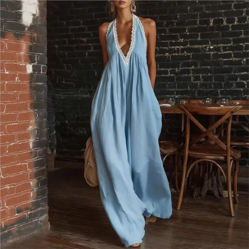 Casual Sleeveless Holiday Jumpsuit Fashion High Street Wide Leg Playsuits New Solid Color Lace V-neck Summer Loose Rompers
Casual Sleeveless Holiday Jumpsuit Fashion High Street Wide Leg Playsuits New Solid Color Lace V-neck Summer Loose Rompers