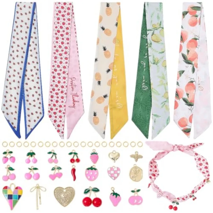 55Pcs DIY Scarf Necklace with Charm Bandana Choker Cute Fruit Gold Charms Alloy Cherry Strawberry Pepper Heart Bow Pendants Adj
55Pcs DIY Scarf Necklace with Charm Bandana Choker Cute Fruit Gold Charms Alloy Cherry Strawberry Pepper Heart Bow Pendants Adj