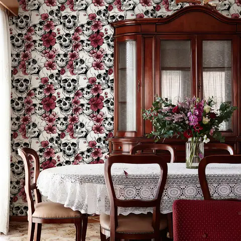 Red Skull Halloween Peel And Stick Wallpaper Retro Self Adhesive Floral Skull Decor Contact Paper Waterproof Cabinet Sticker