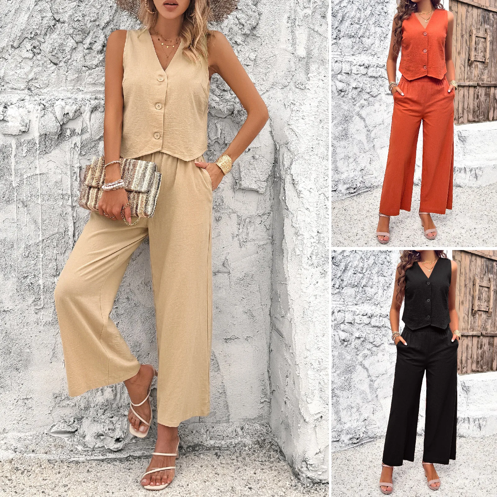 2024 Summer Casual Women's Suit Solid Color Sleeveless V-neck Vest Tops + Trousers 2-piece Suit Fashion Streetwear Suit Outfit
2024 Summer Casual Women's Suit Solid Color Sleeveless V-neck Vest Tops + Trousers 2-piece Suit Fashion Streetwear Suit Outfit