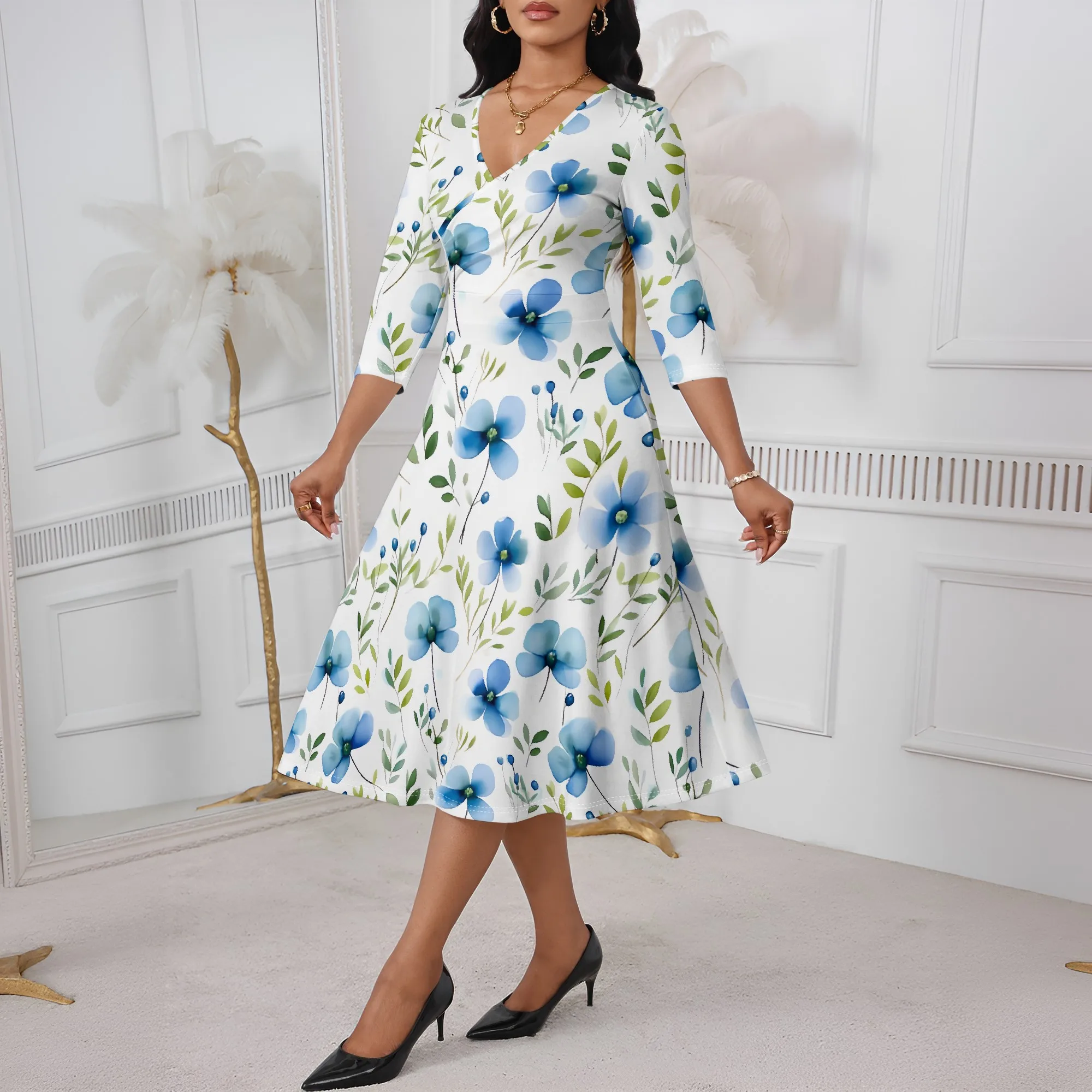 Blue Floral Midi Dress XS-3XL V-Neck A-Line Style for Easter Brunch, Spring Church Look or Mother's Day Garden Gathering
Blue Floral Midi Dress XS-3XL V-Neck A-Line Style for Easter Brunch, Spring Church Look or Mother's Day Garden Gathering