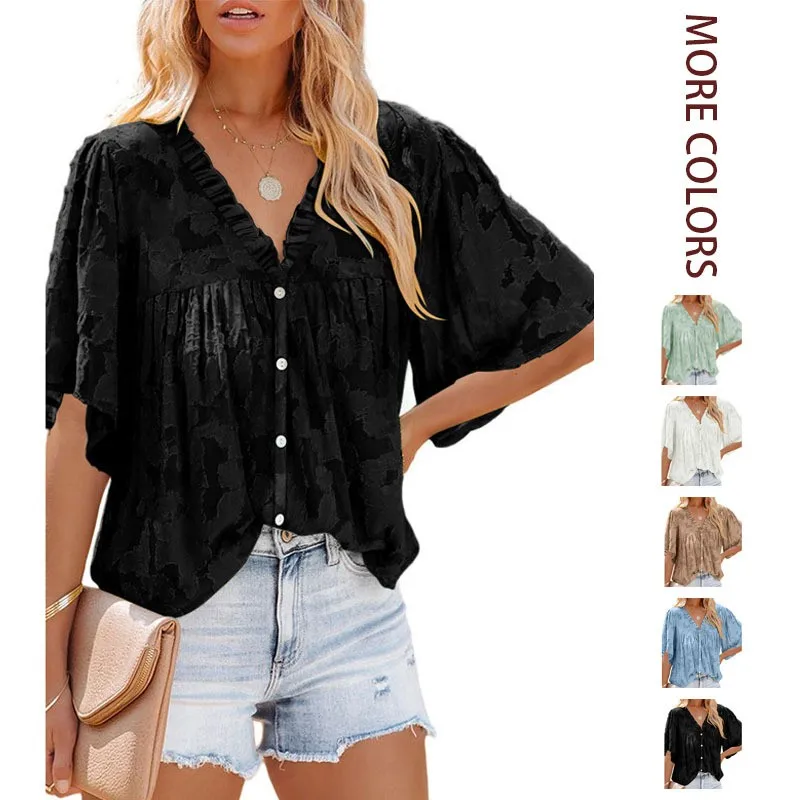 Women's Blouse V Neck Cap Sleeve Loose Fit Blouses Solid Color Elegant Chiffon Blouse Black Ruffle Trim Button Up Blouse
Women's Blouse V Neck Cap Sleeve Loose Fit Blouses Solid Color Elegant Chiffon Blouse Black Ruffle Trim Button Up Blouse