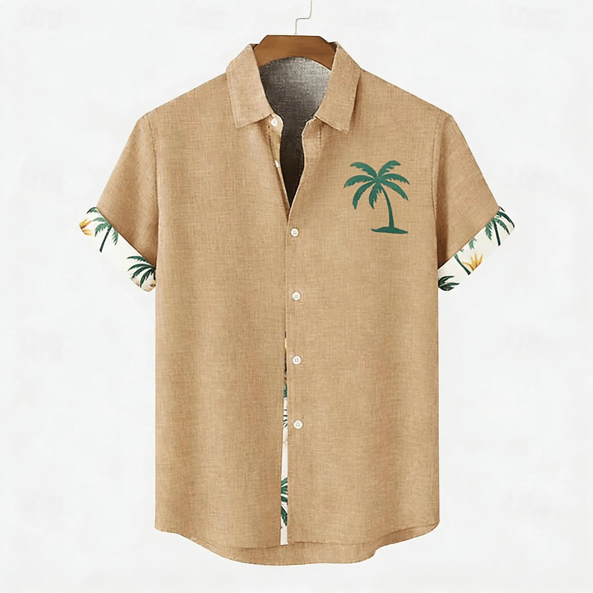 Men's Summer Casual Shirt, Khaki Base with Single Palm Tree Accent Print Cuffs, Turn-Down Collar Top for Beach Vacation
Men's Summer Casual Shirt, Khaki Base with Single Palm Tree Accent Print Cuffs, Turn-Down Collar Top for Beach Vacation