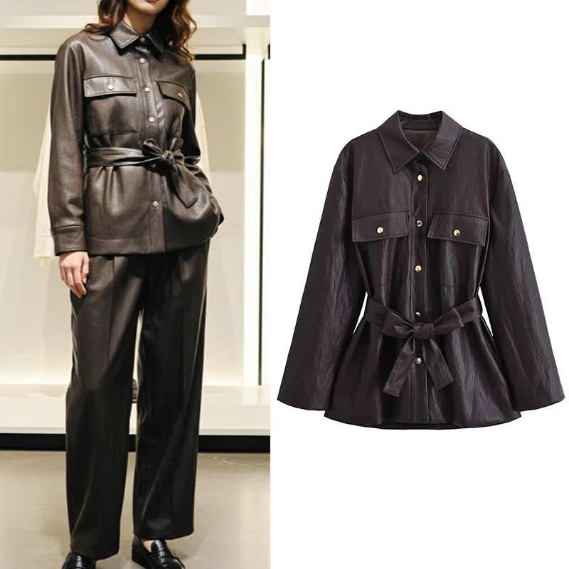 Women's Jacket 2025 New Fashion Autumn Winter Brown Belt Faux Leather Jacket Elegant Chic Ladies Jacket
Women's Jacket 2025 New Fashion Autumn Winter Brown Belt Faux Leather Jacket Elegant Chic Ladies Jacket