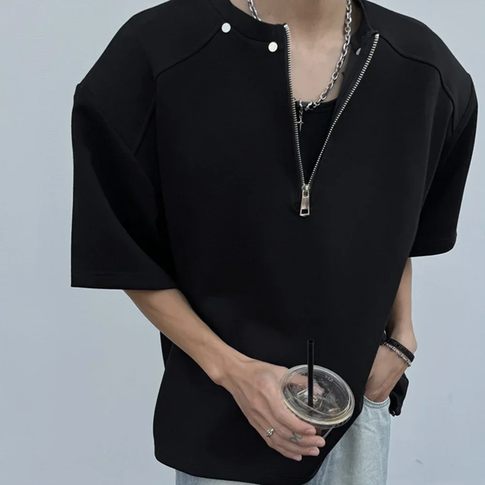 Fashion Vintage Short Sleeve Top Rivet Design Shirt Mens Half-zip T-Shirt Applicable For Male Fashionable Summer Wear
Fashion Vintage Short Sleeve Top Rivet Design Shirt Mens Half-zip T-Shirt Applicable For Male Fashionable Summer Wear