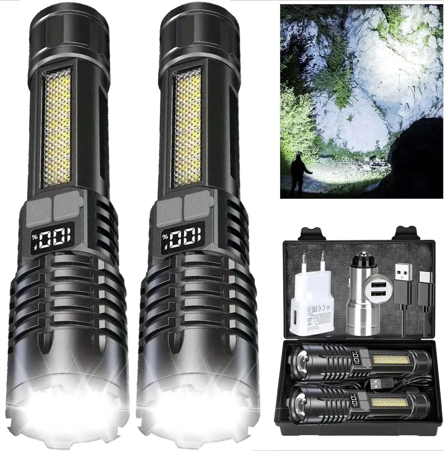 High Power LED Flashlights with Display Screen Portable Rechargeable Zoom Tactical Torch Lamp with Emergency Side Lights Lantern