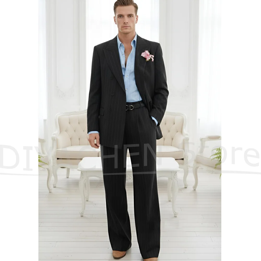 Men Black Striped Suit 2 Piece Set Double Breasted Blazer with Wide Leg Pants Formal Wedding Groom Prom Business Party Tuxedo
Men Black Striped Suit 2 Piece Set Double Breasted Blazer with Wide Leg Pants Formal Wedding Groom Prom Business Party Tuxedo