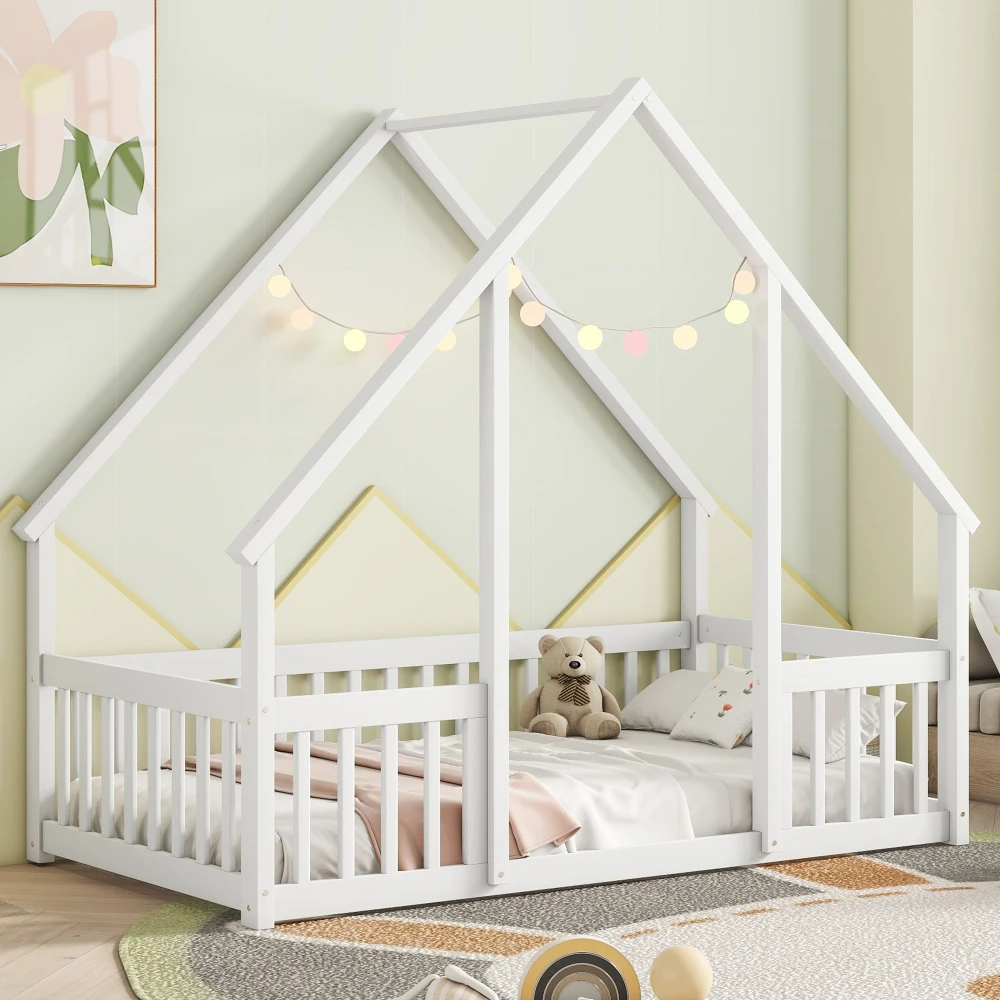 Twin Wood House-Shaped Floor Bed with Fence, Guardrails ,White
Twin Wood House-Shaped Floor Bed with Fence, Guardrails ,White