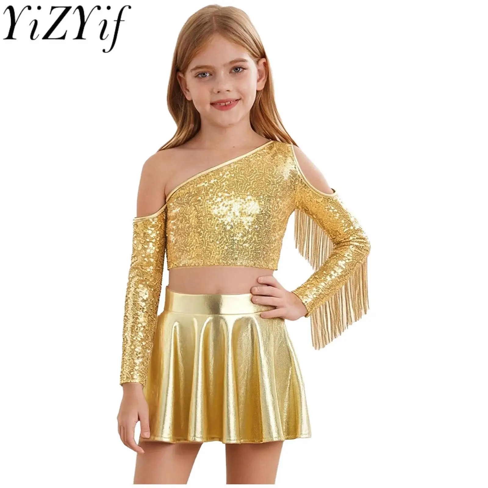 Kids Girls Metallic Jazz Tap Stage Dance Long Sleeve Tassel Crop Top And Pleated A-line Skirt for Jazz Dance Performance Outfits
Kids Girls Metallic Jazz Tap Stage Dance Long Sleeve Tassel Crop Top And Pleated A-line Skirt for Jazz Dance Performance Outfits