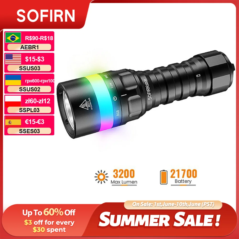 New SOFIRN SD08 Scuba Diving Flashlight SST70 LED 3200lm 21700 Rechargeable Torch With 360° RGB light underwater positioning
New SOFIRN SD08 Scuba Diving Flashlight SST70 LED 3200lm 21700 Rechargeable Torch With 360° RGB light underwater positioning