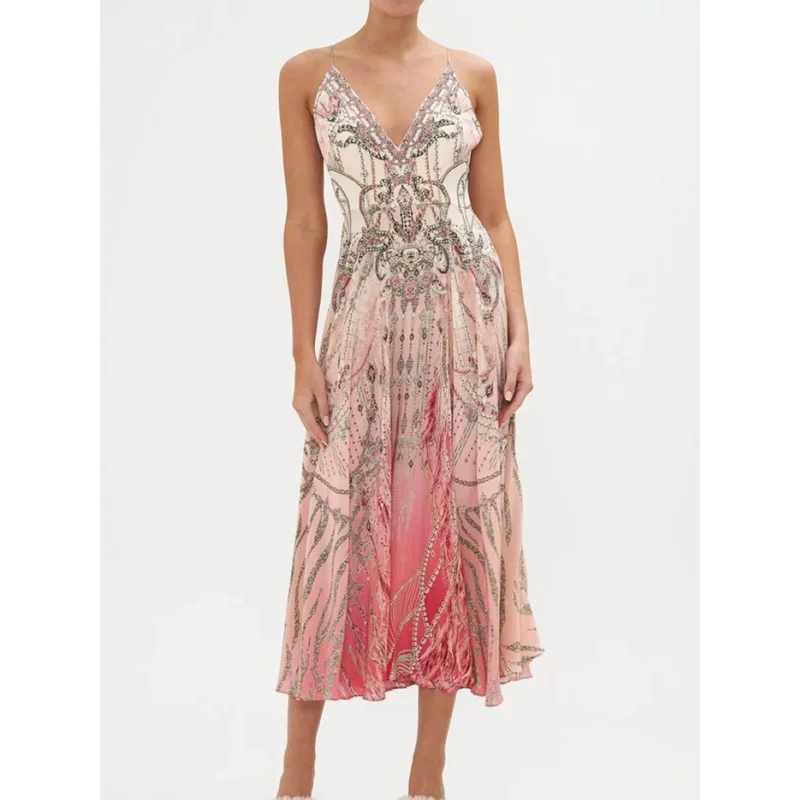 2026 Women Chain Printed Pink Sling Robe 100% Silk Crystal Beaded V-Neck Sleeveless High Waist Elegant Ladies Midi Dress
2026 Women Chain Printed Pink Sling Robe 100% Silk Crystal Beaded V-Neck Sleeveless High Waist Elegant Ladies Midi Dress