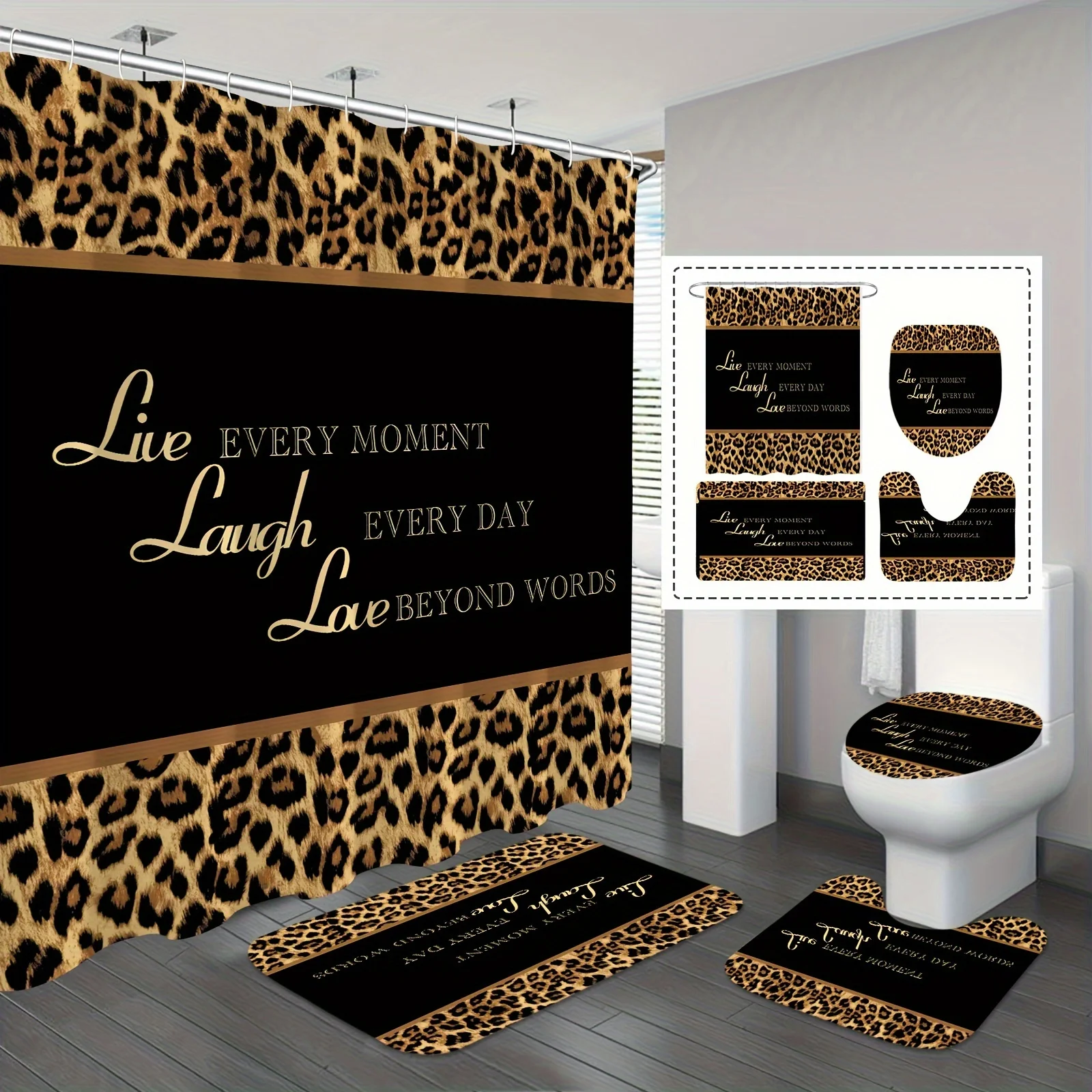 Set of 1/4 Brown Leopard Pattern Shower Curtain, Bathroom Decor, Includes 12 Rust-Resistant Hooks, Non-Slip, Toilet, And Kneelet
Set of 1/4 Brown Leopard Pattern Shower Curtain, Bathroom Decor, Includes 12 Rust-Resistant Hooks, Non-Slip, Toilet, And Kneelet