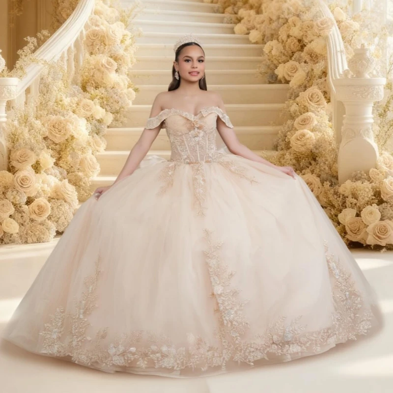 Champagne Quinceanera Dresses Ball Gown Off The Shoulder Applique Lace Beading Tull Corset Party Birthday Sweet 16 Dress Vestido
Champagne Quinceanera Dresses Ball Gown Off The Shoulder Applique Lace Beading Tull Corset Party Birthday Sweet 16 Dress Vestido