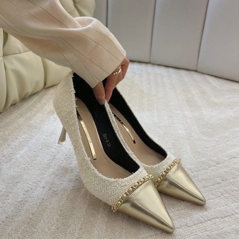 Pointed Toe Women Pumps Arrivals Mixed Color Autumn Shallow Slip on Thin High Heel Metal Chain Office Pumps Women High Heels
Pointed Toe Women Pumps Arrivals Mixed Color Autumn Shallow Slip on Thin High Heel Metal Chain Office Pumps Women High Heels