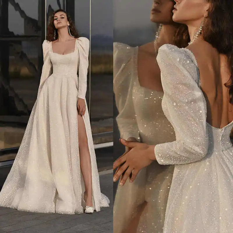 Elegant Wedding Dress A-Line Satin Full Sleeve Floor-Length Princess Dress Plus Size w High Slit Formal Occasion Customized
Elegant Wedding Dress A-Line Satin Full Sleeve Floor-Length Princess Dress Plus Size w High Slit Formal Occasion Customized