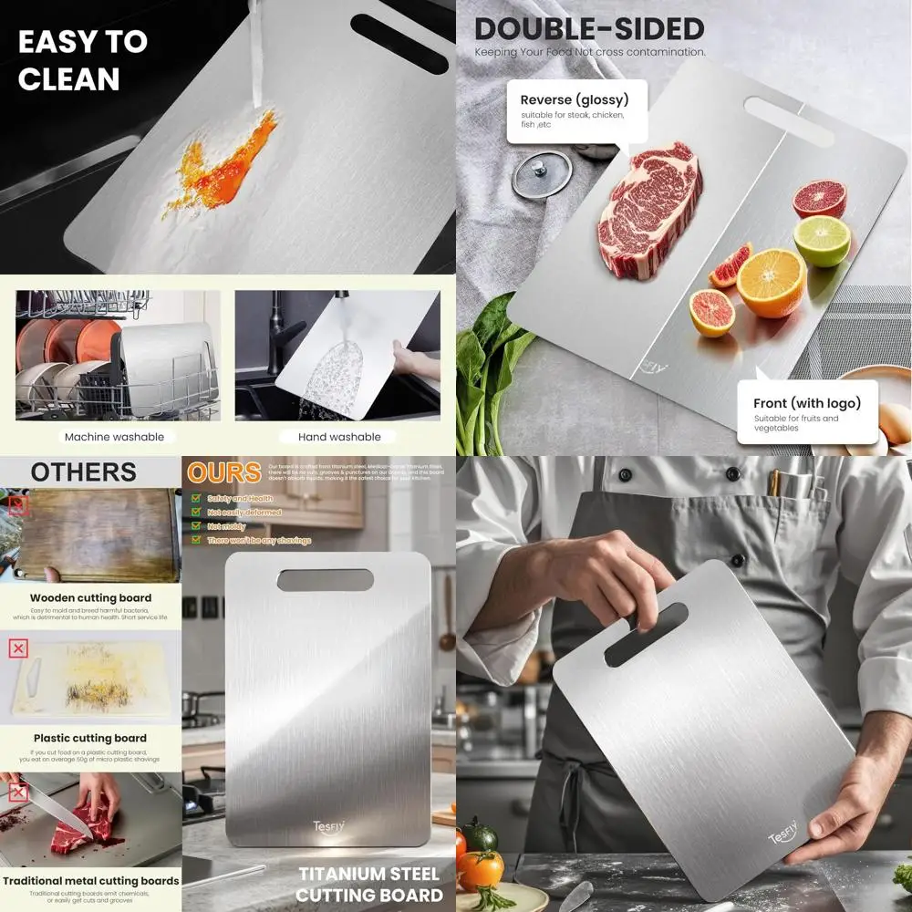 Набор разделочных досок из титана трех размеров — чистый, прочный и легко чистится для использования на кухне (мясо, фрукты, овощи)
Набор разделочных досок из титана трех размеров — чистый, прочный и легко чистится для использования на кухне (мясо, фрукты, овощи)
