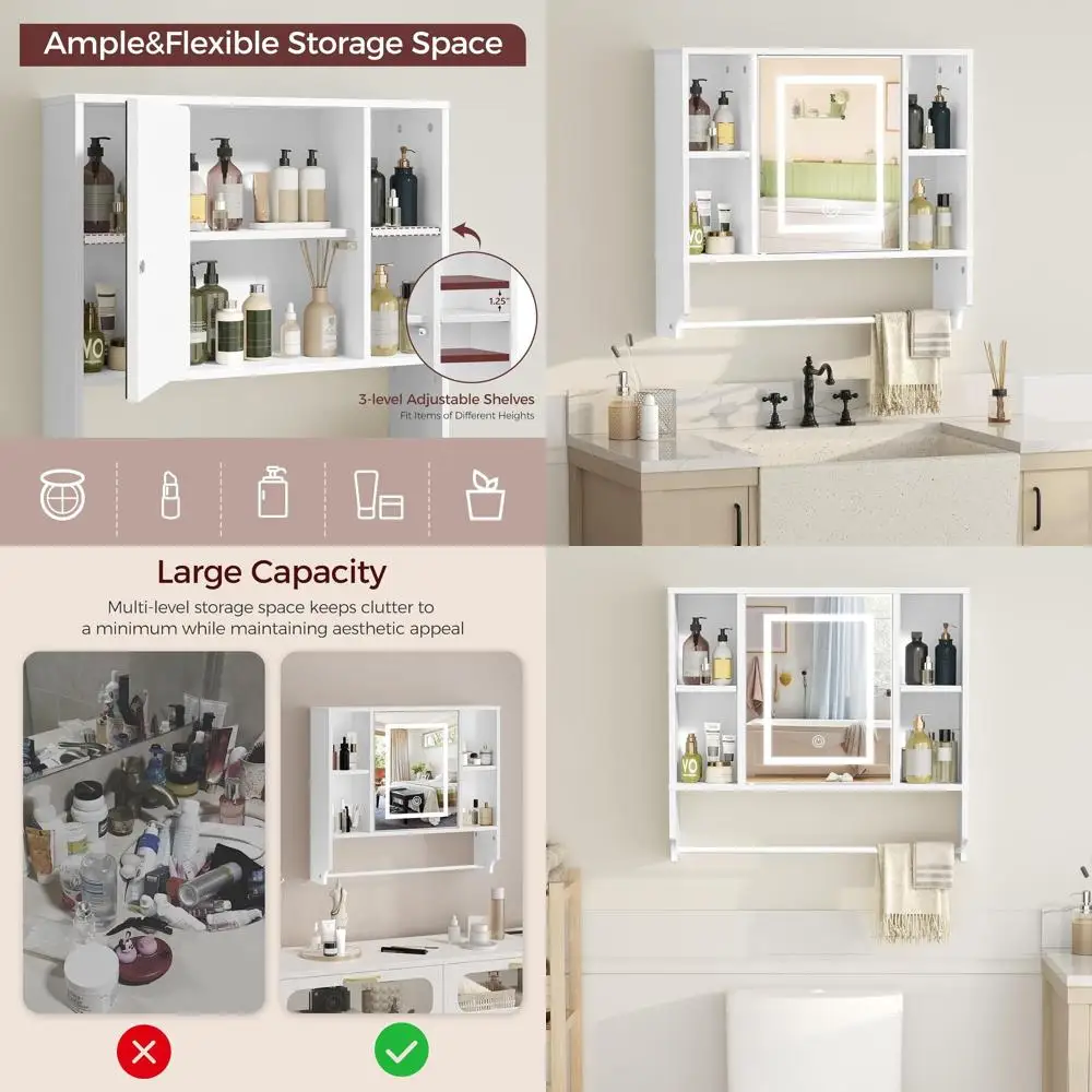 White LED-Illuminated Mirrored Wall Cabinet with Adjustable Shelves for Bathroom Storage
White LED-Illuminated Mirrored Wall Cabinet with Adjustable Shelves for Bathroom Storage