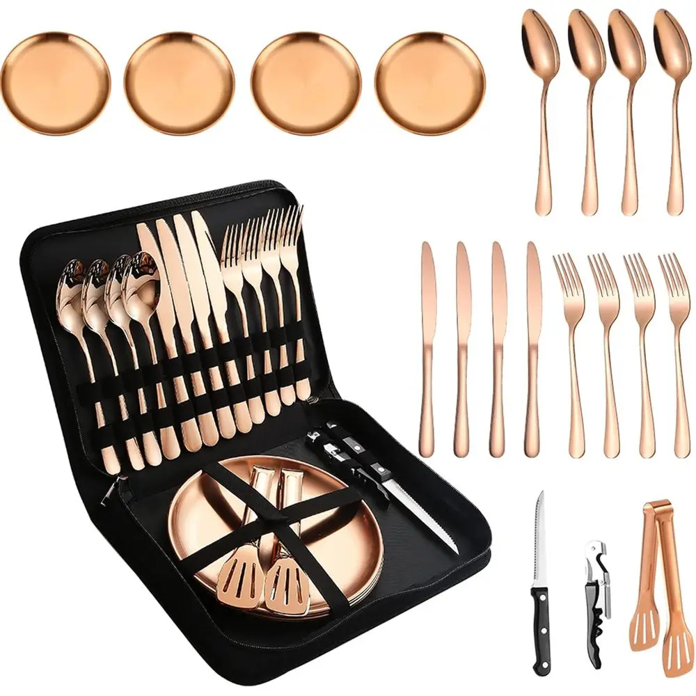 Portable Camping Tableware Set for 4 with Copper/Rose Gold Silverware, Plates, and Kitchen Tools
Portable Camping Tableware Set for 4 with Copper/Rose Gold Silverware, Plates, and Kitchen Tools