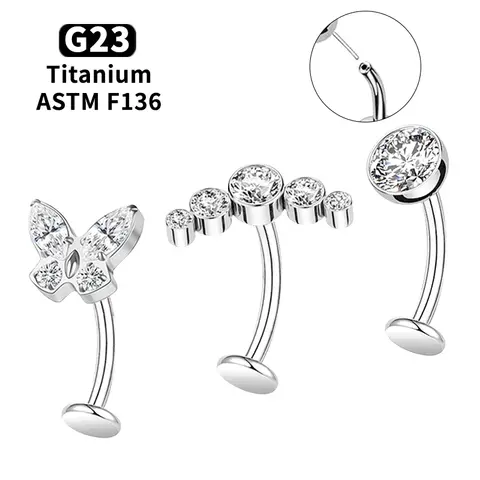 14G G23 Titanium Curved Belly Button Ring with White Zirconia Flat Implantable Navel Jewelry Elegant Pin-Type Piercing Accessory