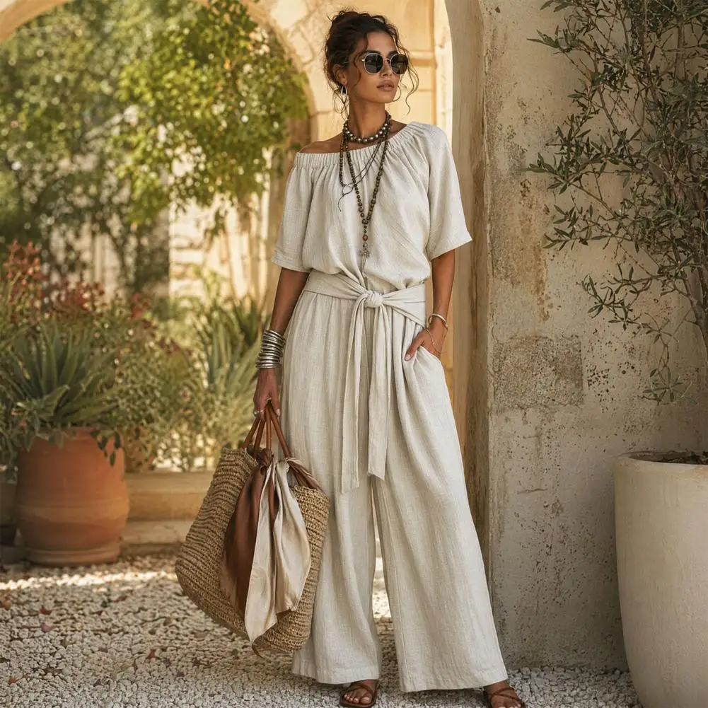 Polyester Jumpsuit Women’s Off Shoulder Jumpsuit with Tie Waist Short Sleeve Wide Leg Rompers Summer One-piece Outfit
Polyester Jumpsuit Women’s Off Shoulder Jumpsuit with Tie Waist Short Sleeve Wide Leg Rompers Summer One-piece Outfit