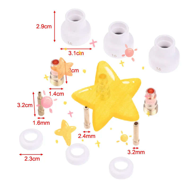 4 шт. TIG Welding 1,6/2,4/3,2 мм, белая керамическая насадка, комплект чашек из глинозема, горелки WP17 18 26, короткие цанги, набор газовых линз для корпуса
4 шт. TIG Welding 1,6/2,4/3,2 мм, белая керамическая насадка, комплект чашек из глинозема, горелки WP17 18 26, короткие цанги, набор газовых линз для корпуса