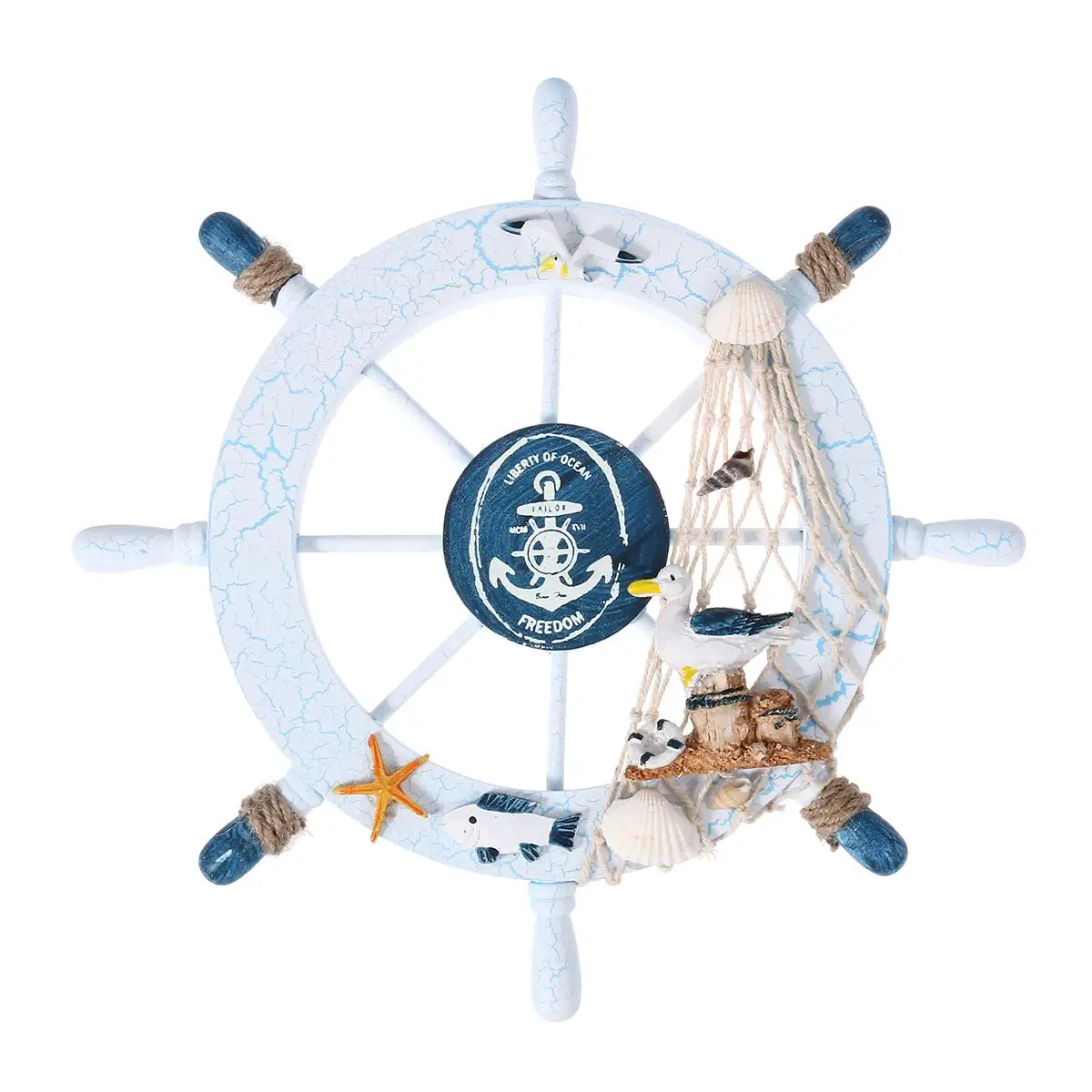 Wooden Ship Wheel Wall Decor with Fishing Net Shells Rope Nautical Beach Home Hanging Steering Wheel Decoration
Wooden Ship Wheel Wall Decor with Fishing Net Shells Rope Nautical Beach Home Hanging Steering Wheel Decoration