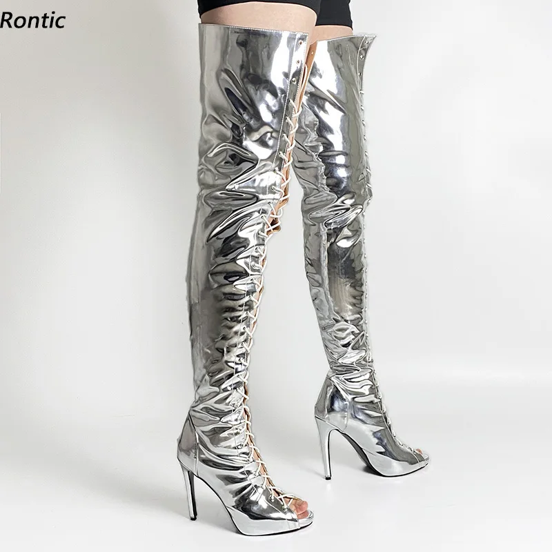 Rontic Handmade Women Spring Thigh Boots Unisex Patent Leather Stiletto Heels Peep Toe Gorgeous Silver Party Shoes US Size 5-20
Rontic Handmade Women Spring Thigh Boots Unisex Patent Leather Stiletto Heels Peep Toe Gorgeous Silver Party Shoes US Size 5-20