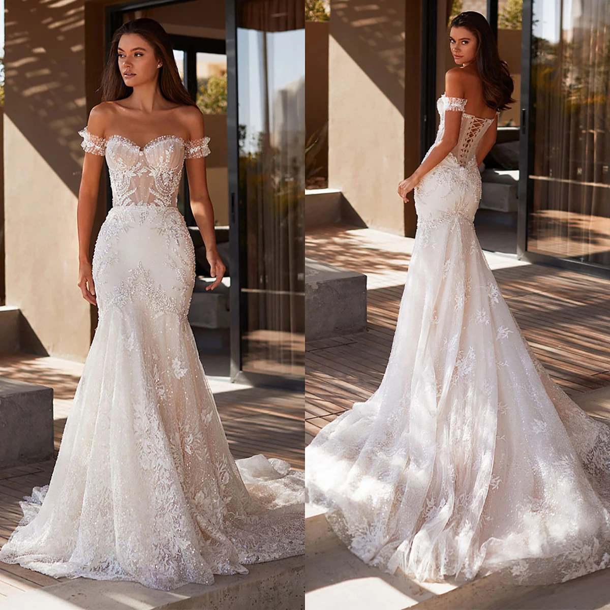 Romantic Mermaid Illusion Bridal Gowns Sweetheart Off Shoulder Wedding Dress Custom Made Lace Sequined Vestido de novia
Romantic Mermaid Illusion Bridal Gowns Sweetheart Off Shoulder Wedding Dress Custom Made Lace Sequined Vestido de novia