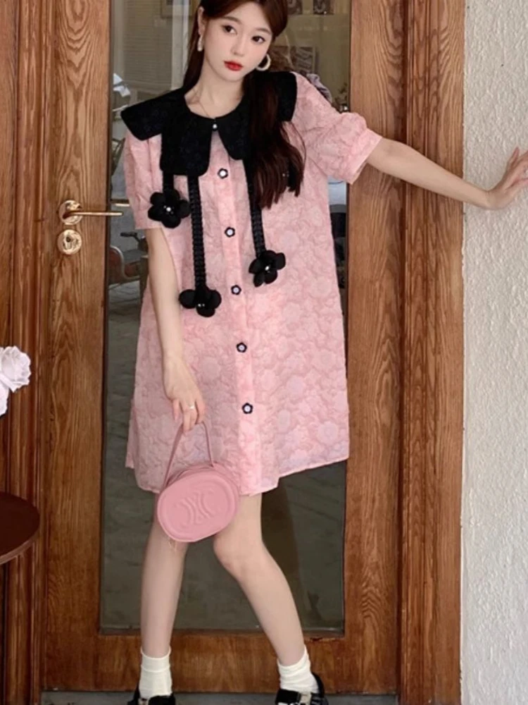 Sweet Princess Style Loose Fit Summer Dress for plus Size Women High Waist Short Sleeve mid Length Pink Doll Collar Dress
Sweet Princess Style Loose Fit Summer Dress for plus Size Women High Waist Short Sleeve mid Length Pink Doll Collar Dress